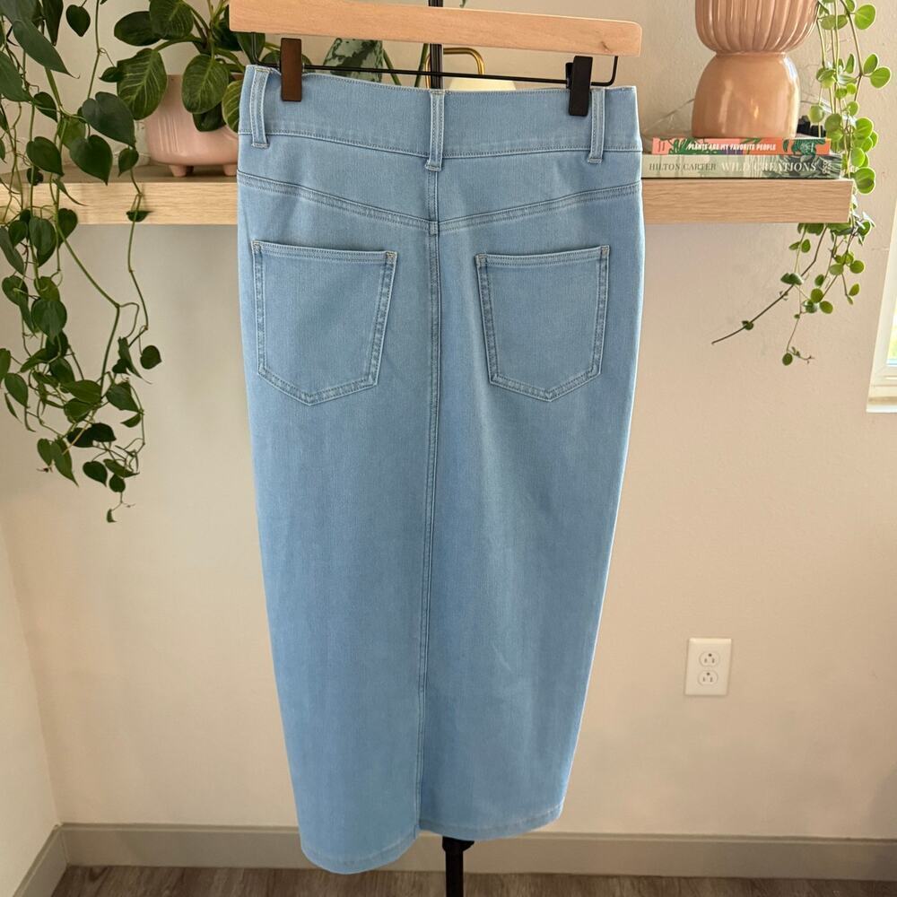 Halara Flex High Waisted Bodycon Denim Casual Midi Skirt Cyan Blue Small Stretch - Picture 4 of 12